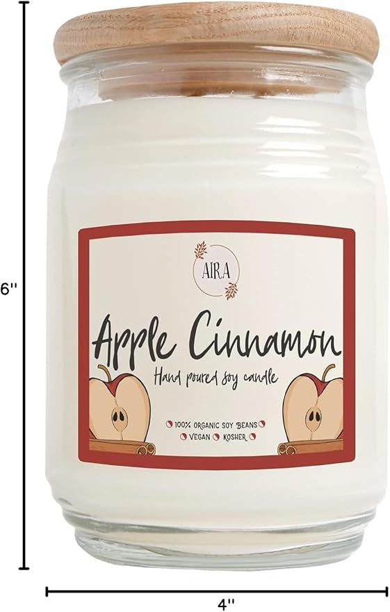 Aira Soy Candles - Organic, Kosher, Vegan, in Farmhouse Jar w/Essential Oil Blends - Hand-Poured 100% Soy Candle Wax - Paraffin Free, Burns 150+ Hours - Apple Cinnamon -20 Ounces