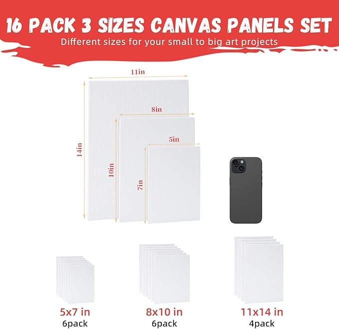 Simetufy 16 Pack Canvas Boards for Painting Multi-Size Canvas Panels Set 5x7, 8x10, 11x14 Inches Pre-Primed 100% Cotton for Oil Acrylic Paint for Kids Beginners