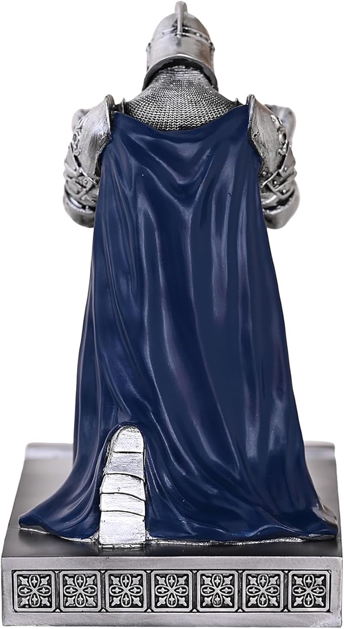 King's Guard Leader Cloak Warrior Knight Pen Holder Mobile Phone Stand, Ornament Knight Statue, Pen Stand Paperweight for Office and Home (SilverBlue)
