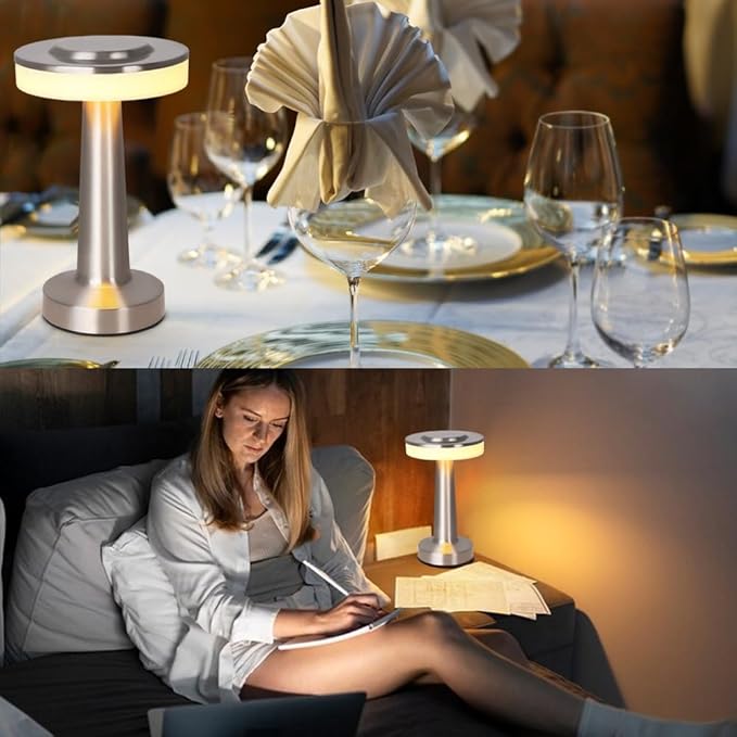 Cordless Metal Desk Lamp, Touch Sensor Control LED Table Lamp,3 Color Stepless Dimmable Battery Powered Lamp for Living Room, Dorm, Home Office (Light Silver)