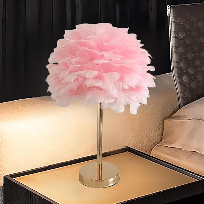 ZYLEIESENBAO Pink Feather Lamp Cute Romantic Goose Feather Table Lamp Furry Nightstand Light with Gold Base Bedside Lamp for Girl Bedroom Wedding Living Room Hotel Decorative