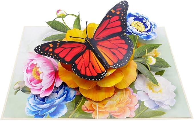 3D Pop Up Greeting Card – Vibrant Butterfly with Colorful Peony Flowers – Unique Card for Birthday, Mother’s Day, Anniversary & Special Occasions, F61