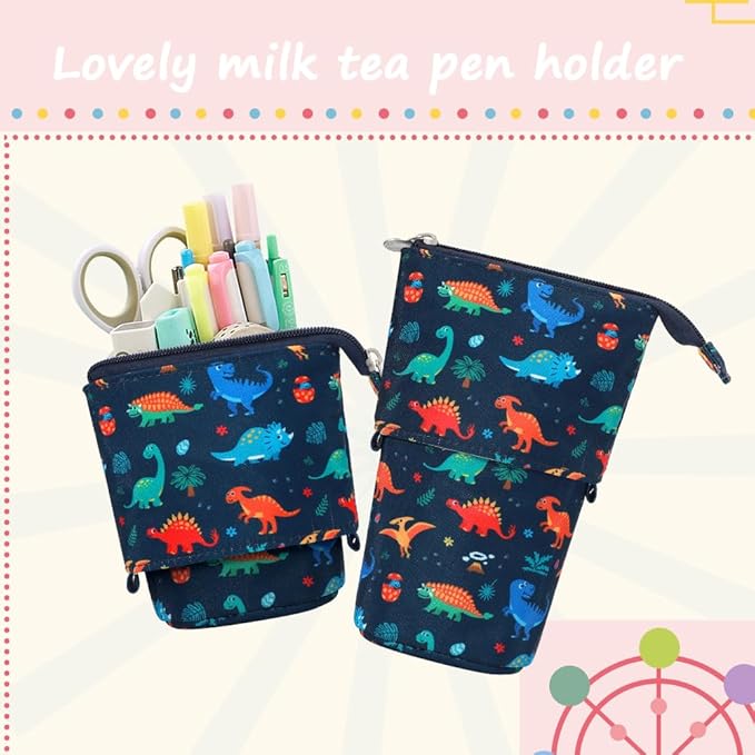 KPX Cute Standing Pencil Case Pen Holder for Kids, Pop Up Stand UP Bubble Tea Pen Organizer Kawaii Stationary for Christmas Holiday New Year Office (Dinosaur)
