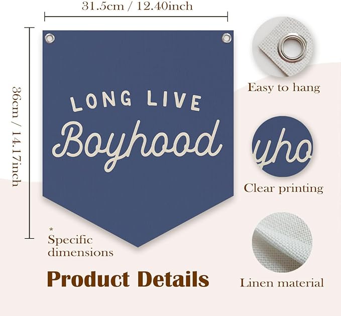 Lacama Vintage Room Decor,Long Live Boyhood Linen Banner,Boy Bedroom Wall Hanging Banner Pennant Flag Decor for Nursery Playroom Toddler Nursery Decor Kids Room,12.4x14 in(Navy blue)
