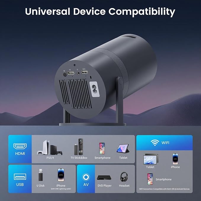 Mini Portable Projector with WiFi and Bluetooth,Support Movie Projector 1080P HD,Auto Keystone Correction,180° Rotatable,Compatible with TV Stick, HDMI, USB, Smartphone, Laptop (Grey)
