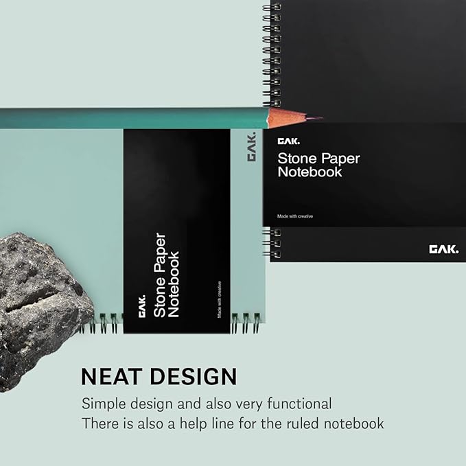GAK. Stone Paper Notebook | No Lines Spiral Notebook Waterproof Sheet Aesthetic Journal for Note Taking | Notebooks for Work & Aesthetic School Supplies | Large Size, Green (7.2”x10.1”, 50 sheets)