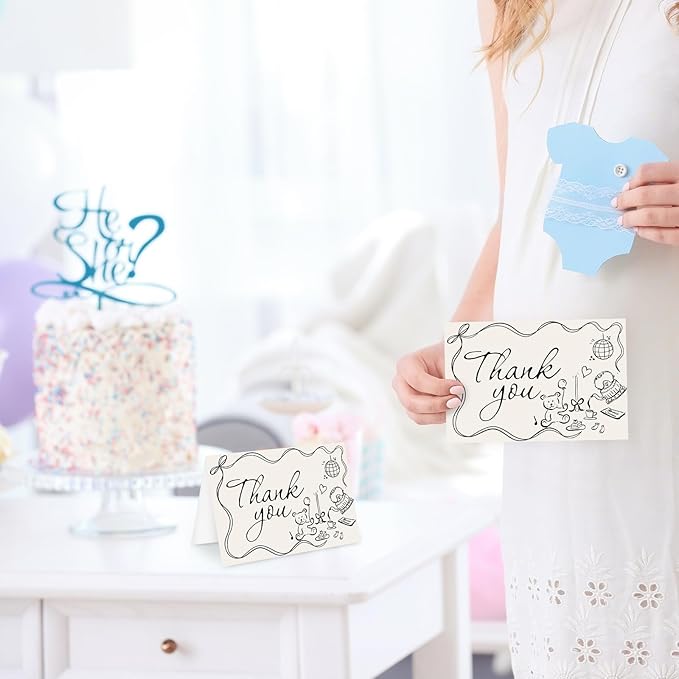 Whaline 24 Pack Baby Shower Thank You Cards Greeting Card with Envelope Sticker Black Bear Cake Greeting Blank Note Cards for Birthday Gender Reveal