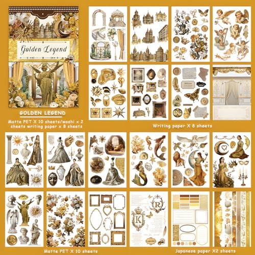 Snycler Sticker Book - 20 Sheets Vintage PET Stickers for Scrapbooking, Junk Journaling, Ephemera, and Decorative Crafts-Golden Legend - Image 6