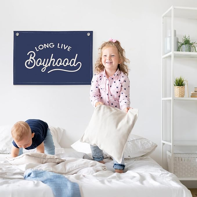 Navy Blue Long Live Boyhood Boys Room Decor - Linen Banner Wall Hanging Canvas Banner Flag Decor for Toddler Boy Bedroom Nursery Playroom