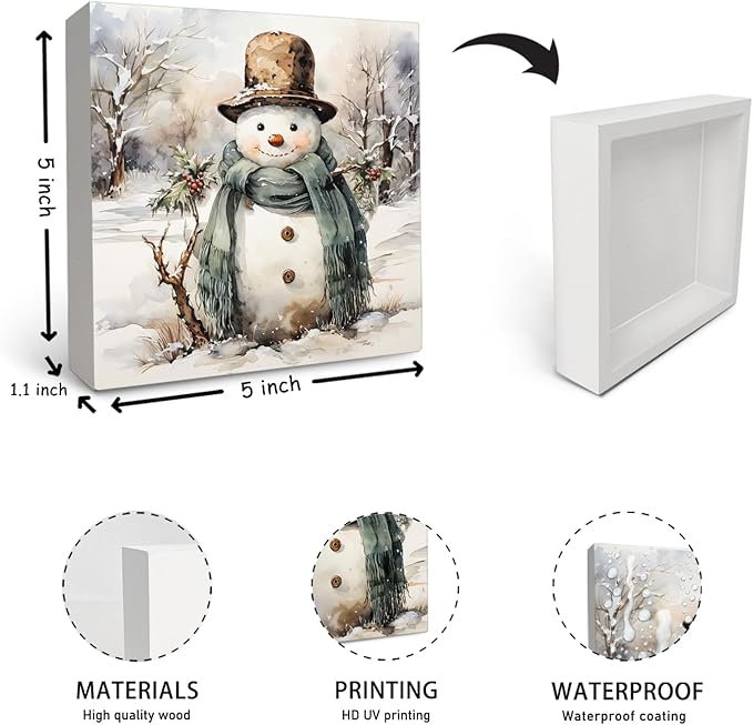 OFlich Vintage Snowman Wooden Box Sign, Rustic Winter Snowman Sign for Home Office Desk Table Shelf Decor, Winter Home Decor, 5x5 Inch