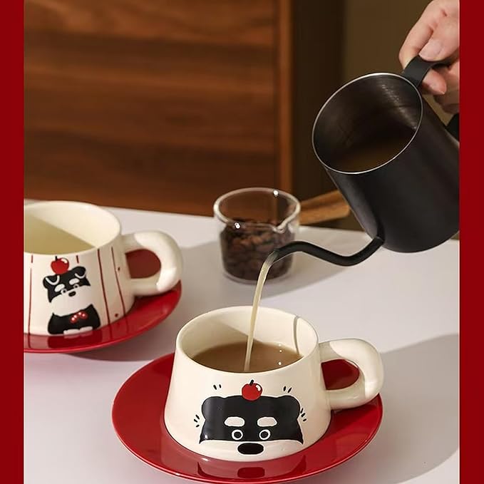 Cute Dog Couple Cup with Thick Grip, Ceramic Coffee Mug with Spoon, Gifts Suitable for Birthdays, Christmas, Halloween and Family Gatherings (Thick Stripe)
