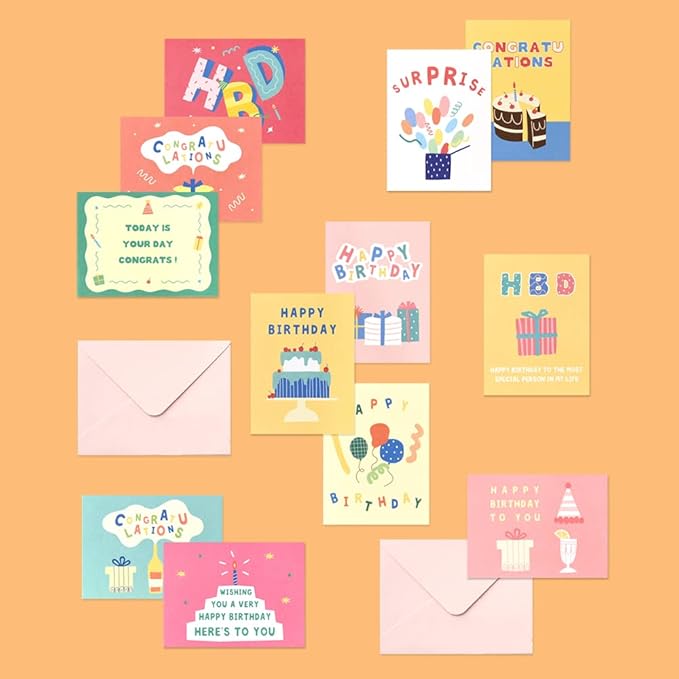Monolike Day-by-day Card, Pop pop birthday Ver.2 - Mix 36 Mini Single cards, 36 envelopes, 36 stickers Package