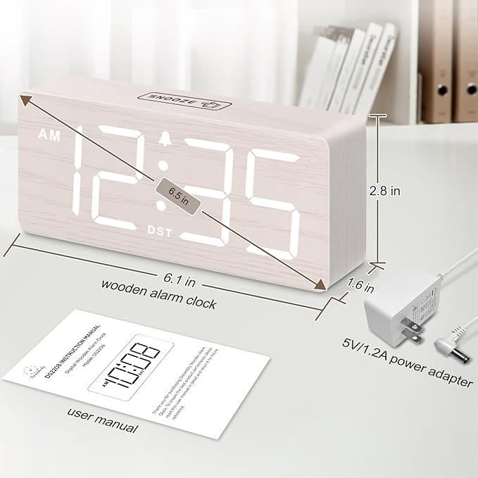 DreamSky Wooden Digital Alarm Clock for Bedroom - Desk Clock for Living Room with Large Numbers, Dimmer, Loud Alarm for Heavy Sleepers with Volume Control, DST, Office Wood Decor (Plug in Clock)
