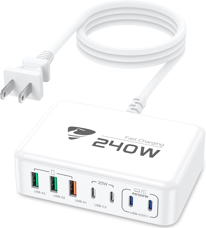 240W USB C Charging Station, 7-Port GaN USB C Charger Block, 100W Laptop USBC Fast Charger Compact 100W Laptop Charger Hub Wall Charger Adapter for MacBook Pro/Air,iPhone 16/15/14/13,Samsung S24
