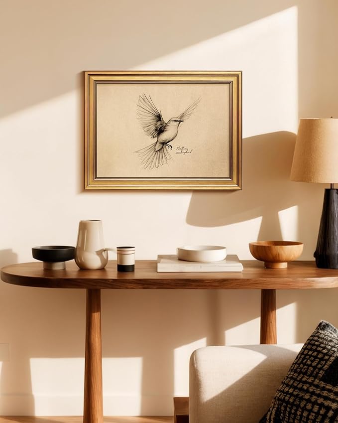 Bzstyleart Vintage Wall Art Decor,Framed Vintage Wall Decor Texas State Bird,Anthropologie Art,Birds Canvas Prints Home Decor,Sketch Painting Picture for Living Room Decor,12L x 16W