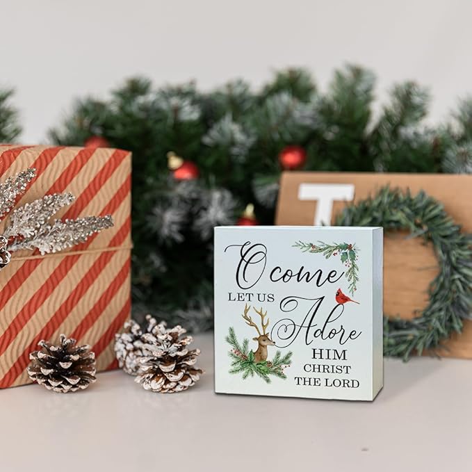 Christmas Christian Wooden Desk Decor Sign, Let Us Adore Him Christ The Lord Wooden Box Sign, Religious Holiday Home Plaque with Deer and Cardinal Design, Christmas Decor 5x5 Inches