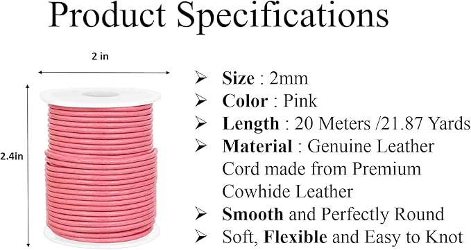 GENIQUE Real/Genuine Round Leather String Cord for Necklace, Bracelets, Jewelry, Kumihimo Braiding, DIY Projects (20 Metres) (2mm, Pink)