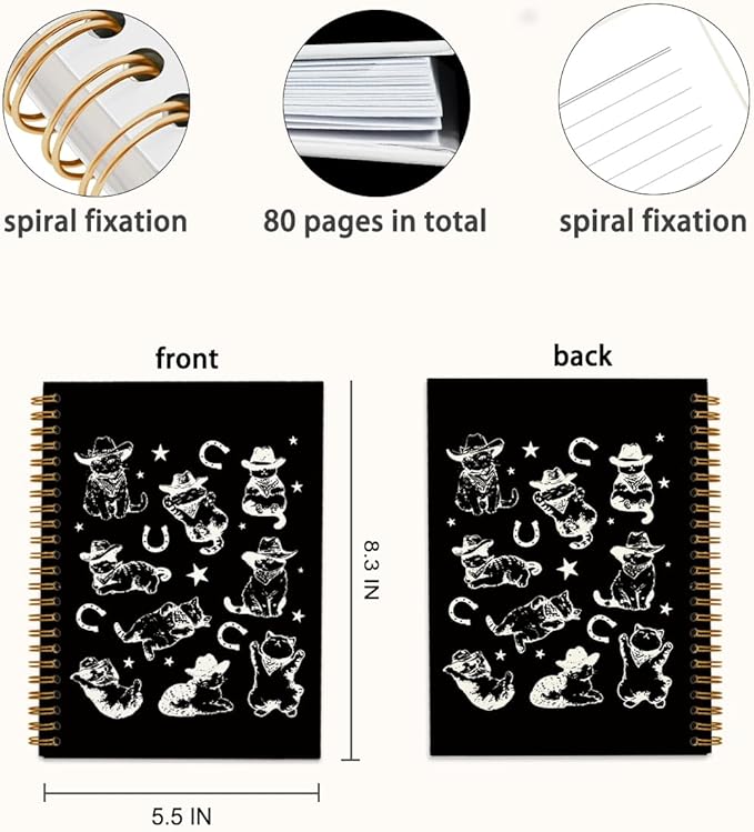 Black Western Cat Spiral Notebook Journal, Cat Mom Lovers Owners Gifts for Women, Vintage Western Cowboy Kittens Aesthetic Notebooks Journals for Work School Note Taking, 5.5x8.3