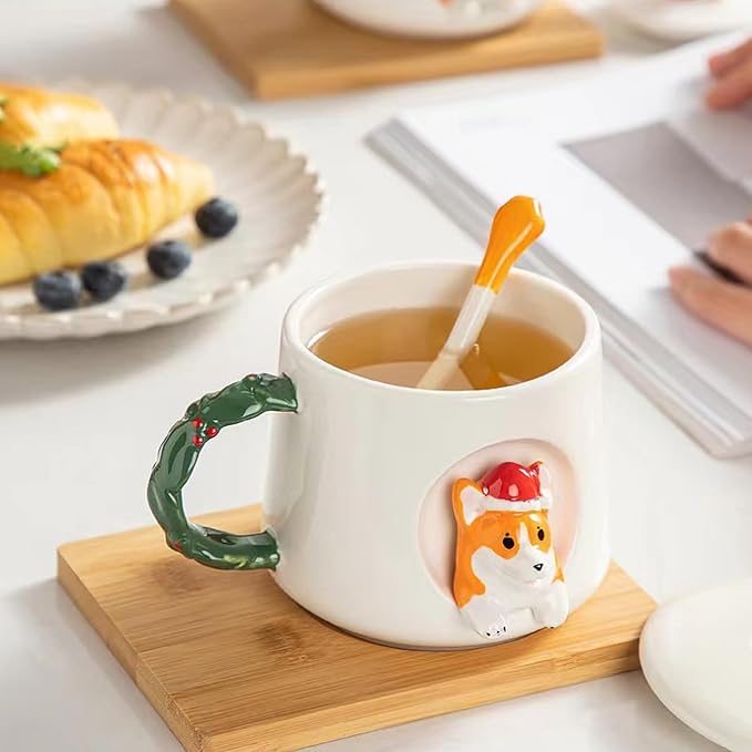 Cute Dog Couple Cup, Ceramic Coffee Mug with a Lid, Family Cup, Office Cup, Concave wood grain pattern handle, Cute Shiba Lnu Three-dimensional Design, with Matte Texture(420ML) (White Hat)