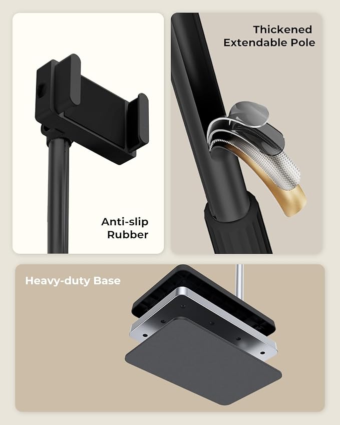 Tablet Floor Stand, Adjustable iPad Holder for Bed & Sofa - 360° Rotating Long Arm, Height Adjustable from 13.5" to 60.3", Sturdy Metal Base for iPad, Tablet, Phone (4-13 Inch), Black