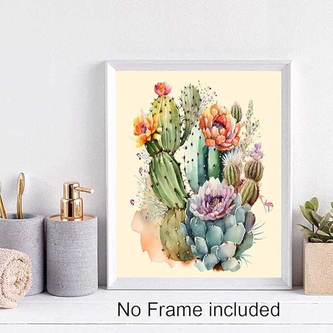Cactus Posters, Canvas Wall Art Cactus Decor,Cacti Botanical Prints,Green Flowers and Plants Bathroom Poster Printing Women's Apartment Office Fashion Gift (8x10 inch,Set of 4,Unframed)