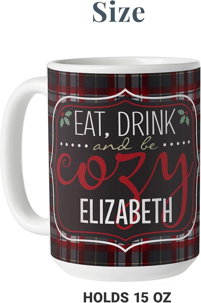 Let's Make Memories Personalized Coffee Mug - Christmas Holiday Stocking Stuffer - Customize Name - Holds 15 Oz. - Eat, Drink and Be Cozy