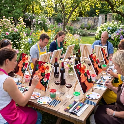 Cholemy 8 Set Paint and Sip Kit for Adults 8'' x 10'' Pre Drawn Canvas with Wooden Easels Acrylic Paint Brushes Wash Cup Palette Apron for Painting DIY Date Night Party Supplies(Artistic Woman) - Image 6