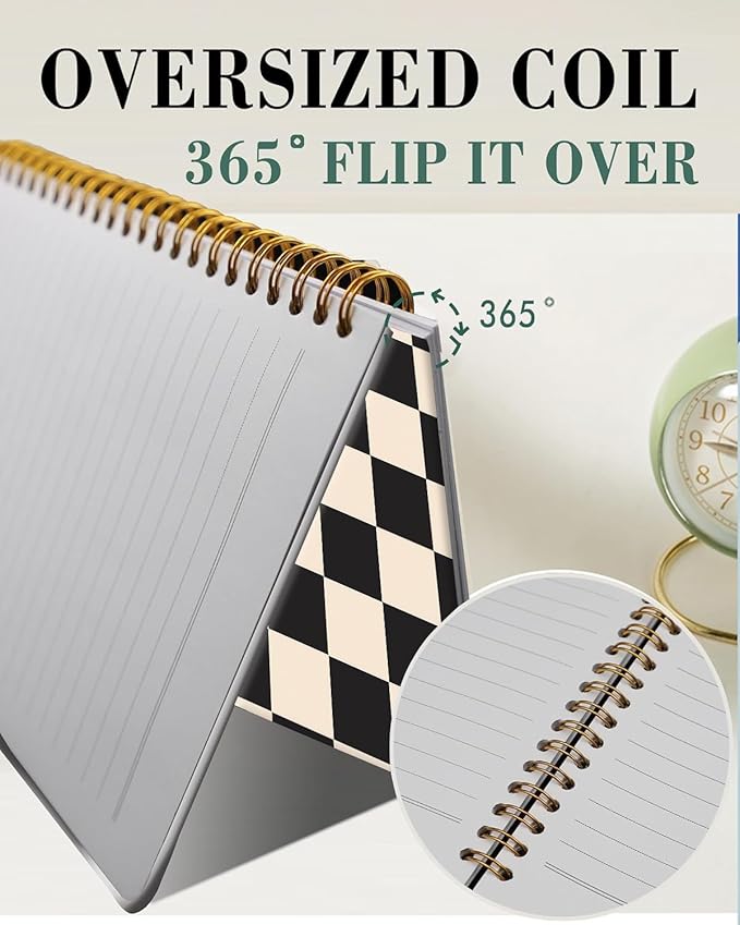 Spiral Journal Notebook,A5 Hardcover Lined Journals for Women 6 x 8.3 in,60 Sheets 120 Pages Thick Paper,Cute College Ruled Writing Notebook for Office Work School(Black Beige Plaid)