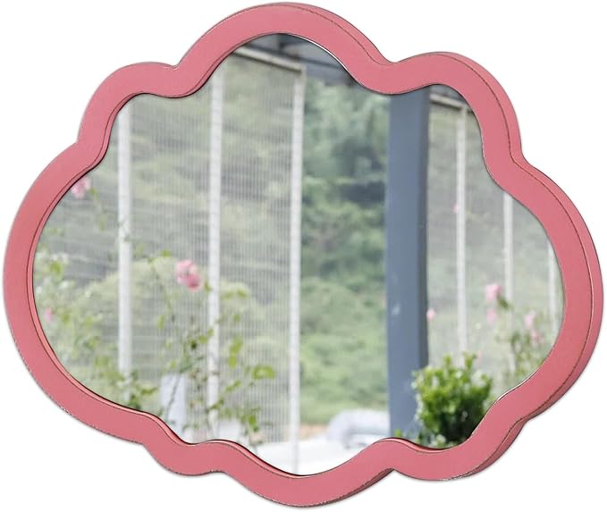 Rustic Pink Cloud Mirror 12 X 16 Inch, Hanging Handmade Distressed Finish Wood Frame Small Nursery Mirrors for Wall Girl, Cute Decorative Mirrors for Wall Decor Living Room Bedroom Entryway