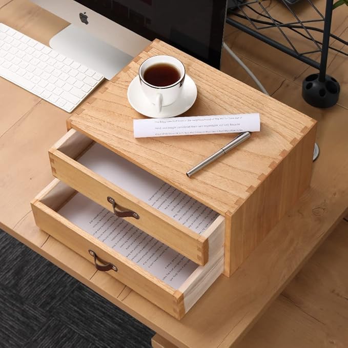 Wooden Desk Organizer with 2 Drawers - Desktop Storage Drawers for Office Supplies File Paper Storage - Wood Chest/Small Cabinets for Jewelry Dresser Kitchen Counter (FAX2C-LT)