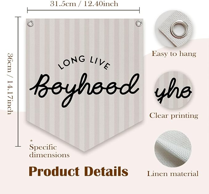 Lacama Long Live Boyhood Linen Banner,Vintage Boy Room Toddler Decor,Boy Bedroom Wall Hanging Banner Pennant Flag Decor for Nursery Playroom,12.4x14 in(Neutral Stripe)