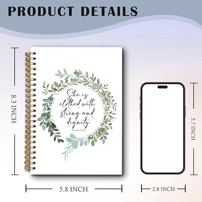 she is clothed with strength and dignity Christian Spiral Notebooks, Proverbs 31:25 Bible Journal, Scripture Journals for Writing, Religious Notebook for Note Taking, 5.5x8.3 Inch