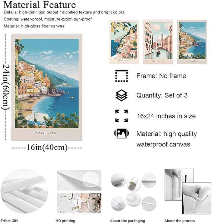 XLARTMY Italy Amalfi Coast Travel Posters Wall Art Canvas Decor City Landscape Blue Venice Coast Painting Beach Modern Artwork for Living Room Bedroom Bathroom Office Set of 3 16x24in Unframed