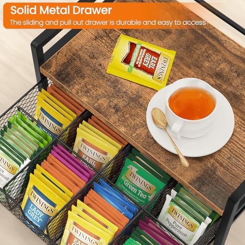 Homode Tea Bag Organizer, Wood Tea Organizers and Storage Chest, Teabag Holder with Storage Drawer,Tea Station Chest Display Container Box for Countertop Kitchen, Rustic Brown - Image 6