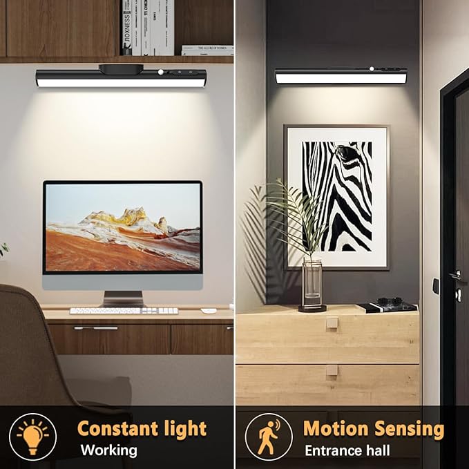Battery Powered Operated Wall Strip Lights, Motion Sensor LED Light Bar Indoor, Rechargeable Magnetic Under Cabinet Lighting Wireless with Remote Control for Closet Mirror Kitchen - Black