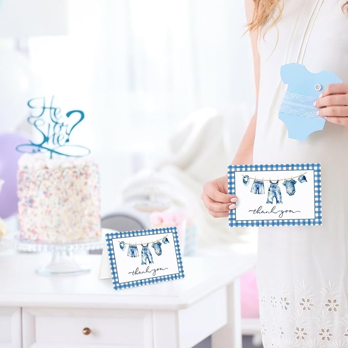 Whaline 24 Pack Blue Jean Baby Shower Thank You Cards Greeting Cards Blank Note Card with Envelopes Stickers for Birthday Gender Reveal, 4 x 6 Inch
