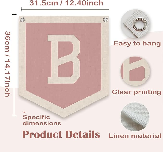 Lacama Pink Initial Personalized Preppy Banner, Baby Girl Nursery Decor, Initial Pennant,Letter B Banner Flag,Vintage Room Decor Toddler Room Bedroom Playroom Front Door Birthday Christmas Gift(B)