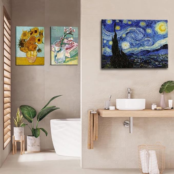 Starry Night, Vincent Van Gogh Canvas Wall art, Classic Paintings Framed Pictures Poster, Abstract Artwork Prints for Home Decor 12"x16"