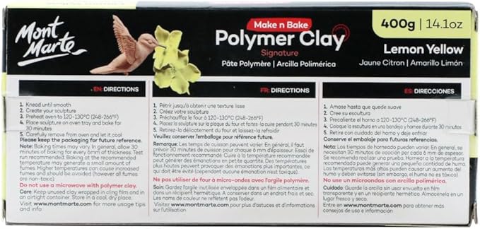 Mont Marte Make n Bake Polymer Clay Signature Lemon Yellow 400g (14.1oz) Block, Bake in Oven, Soft and Smooth, Sculpting, Craft, DIY Décor, Jewelry