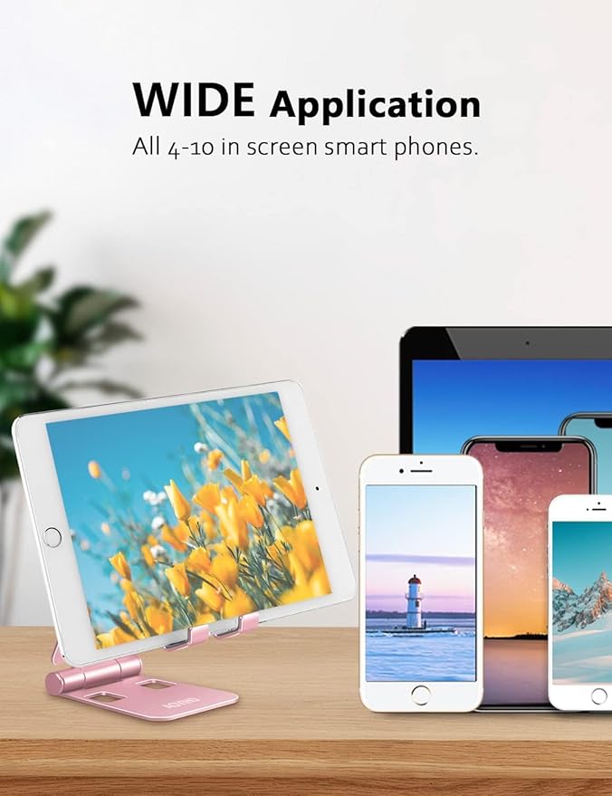 Cell Phone Stand for Desk, Adjustable Desktop Phone Holder Stand, Foldable Moblie Phone Dock for iPhone17 16 15 14 13 12 11 Pro Xs Max Xr X 8 7 6 5 5s SE Nintendo Switch All Phones, Rose Gold
