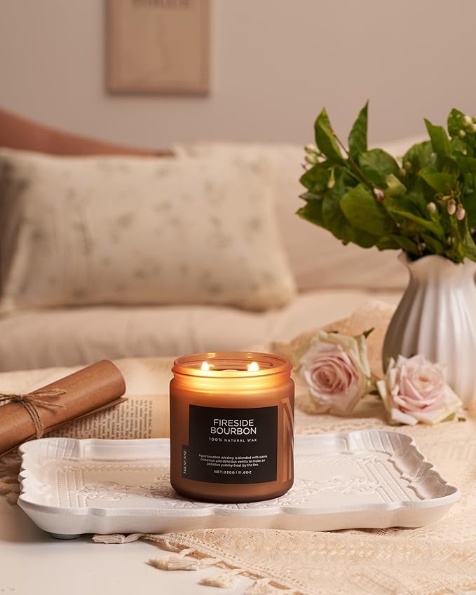 M&SENSE Fireside Bourbon Jar Candle, 11.6oz Clean Soy Wax Up to 70 Hours Burn Time Smoky Scent 2 Wick Cotton Fall Campfire Scented Candle for Home Decor Housewarming Gifts for Bathroom Office