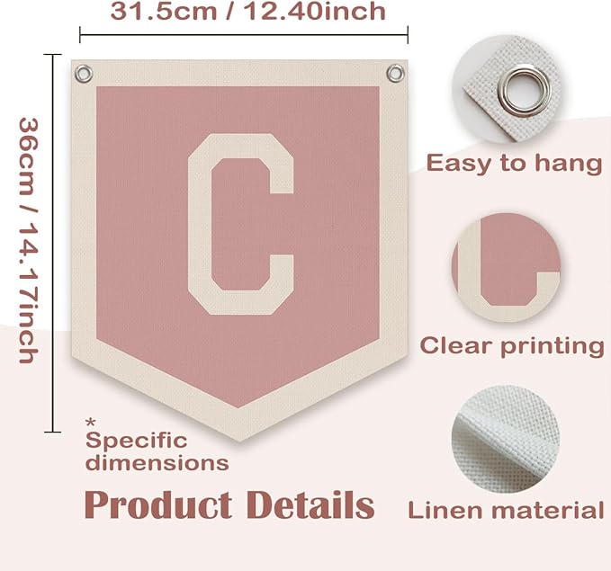 Lacama Baby Shower Decor Gifts, Pink Initial Personalized Preppy Banner, Baby Girl Nursery Decor, Initial Pennant,Vintage Room Decor Toddler Room Bedroom Playroom Front Door Birthday Gift(C)