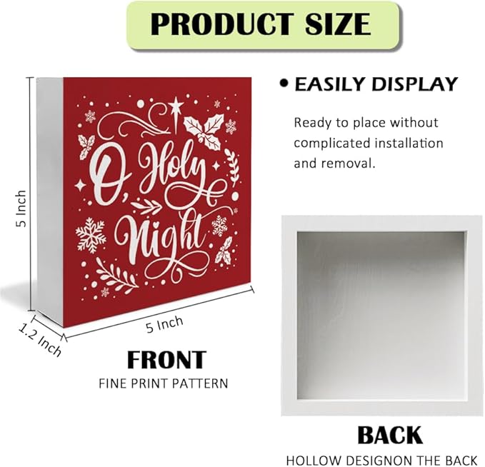 O Holy Night Christian Christmas Wooden Box Sign, Desk Decor, Farmhouse Red Xmas Wood Signs for Home Office Table Shelf Decoration, 5x5 Inch