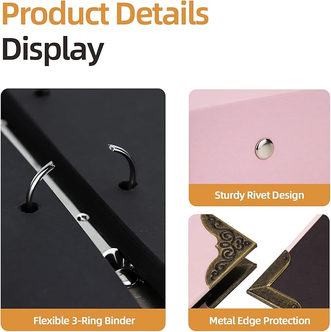 Vienrose DIY Scrapbook Photo Album Kit with Pens Tapes and Stickers 60 Pages Hardcover 12x12 Inches 3 Rings Removable Black Paper Scrapbooking for Lover Friends Kids Wedding Pink