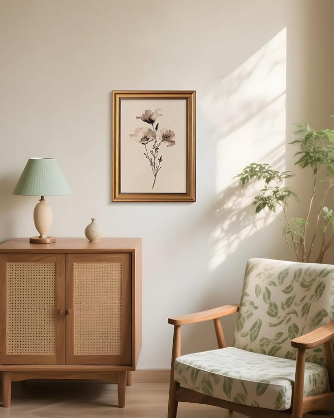 Bzstyleart Vintage Wall Art Decor for Living Room,Poppy Flower Wall Art,Sketch Painting Picture Gold Framed,Vintage Home Decoration,Room Decor Aesthetic for Bedroom Kitchen Bathroom Shelf,12L x 16W