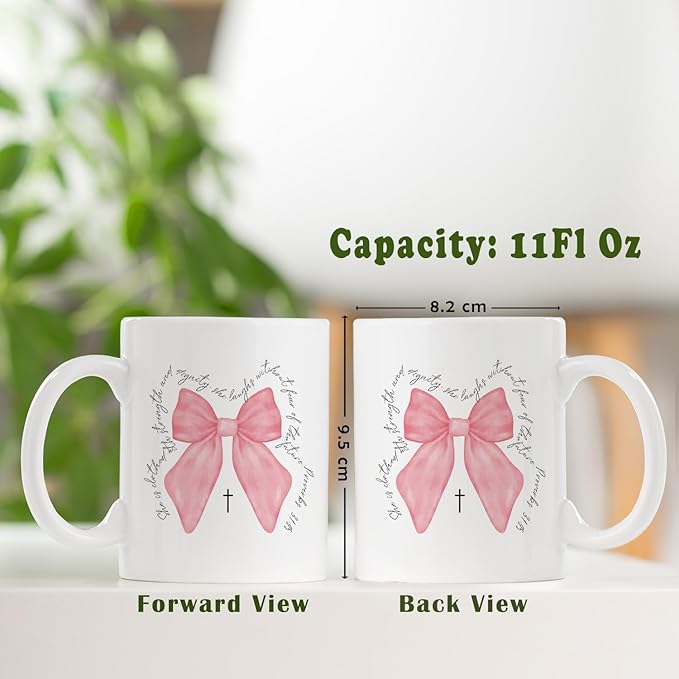 Christian Bible Verse Pink Bow Coffee Mugs for Women, Coquette Encouragement Inspirational Christian Gifts for Women, She Is Clothed With Strength and Dignity Mug, 11oz Ceramic Cup White