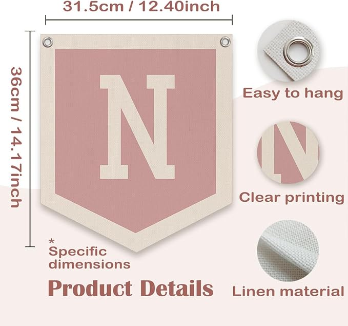 Lacama Pink Initial Personalized Preppy Banner, Baby Shower Decor Gifts, Wall Decor for Women Teen Girl, Vintage Room Decor Toddler Room Bedroom Playroom Front Door Birthday Gift(N)