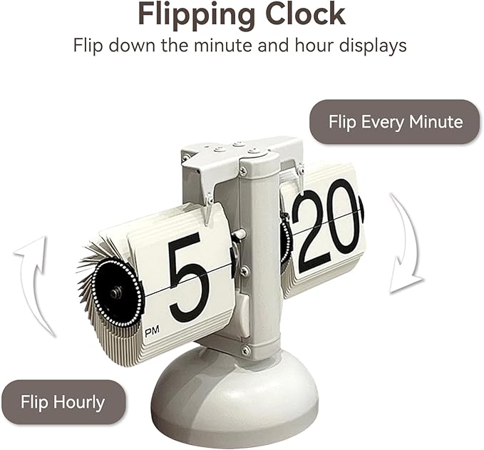 Retro Flip Clock, Vintage Design Flip Desk Clock Table Battery Powered Digital Down wіth Internal Gear Operated (White)