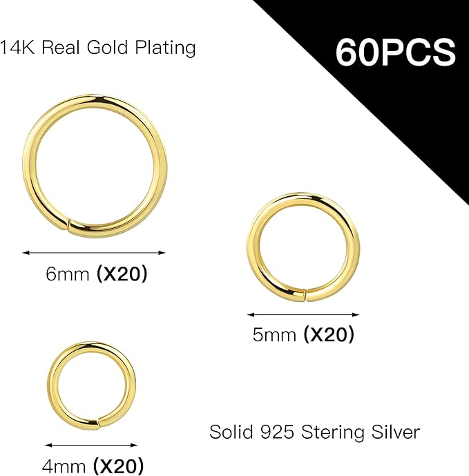 ALEXCRAFT Sterling Silver Jump Rings for Jewelry Making 14K Gold 4mm 5mm 6mm 925 Sterling Silver Open Jump Rings for DIY(60 PCS)