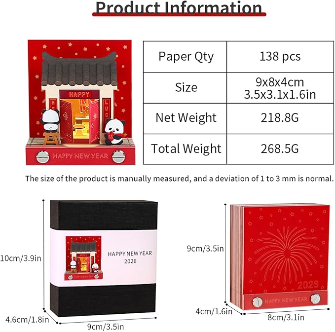 3D Time Piece Calendar 2026 3D Tear Away Art Memo Pad Notepad Desk Calendar with Light,3D Art Calendar Desktop Decoration Gift for Christmas (Happy New Year)